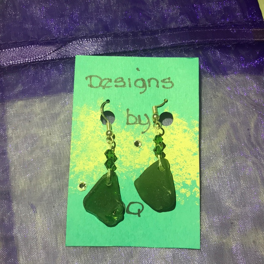 Green Real Sea Glass- Green Swarovski Crystal